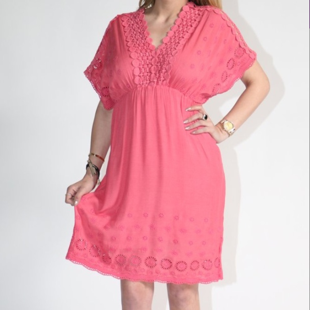 Coral Lace-Trim Empire Waist Dress